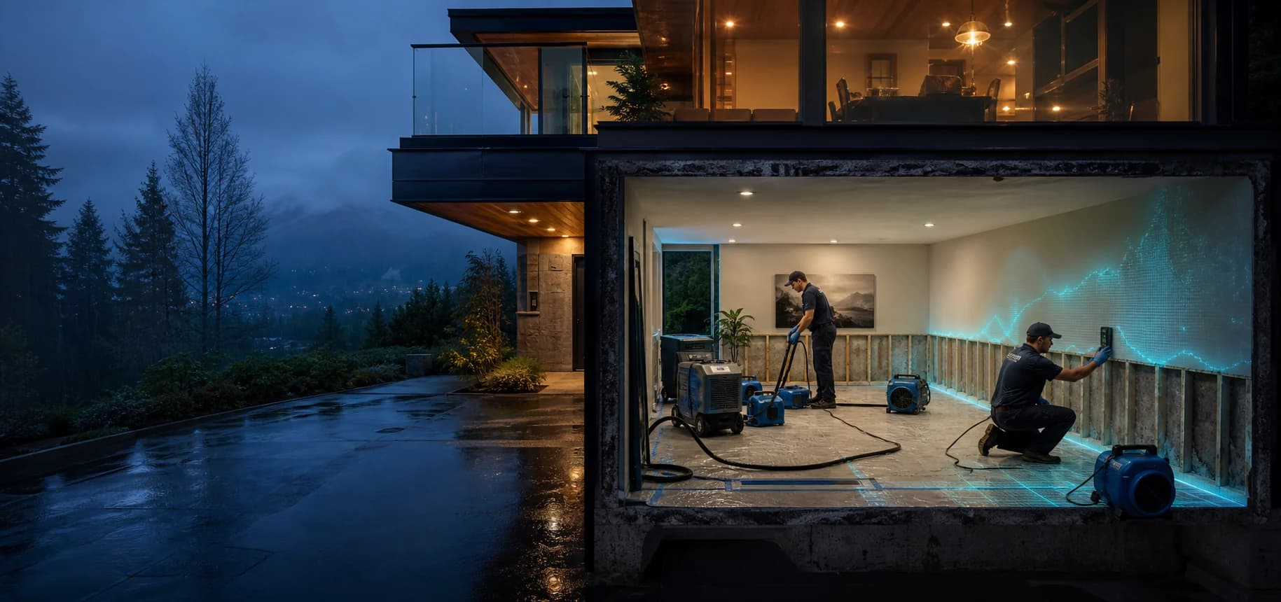 Illustration of water-damage drying and moisture checks inside a home
